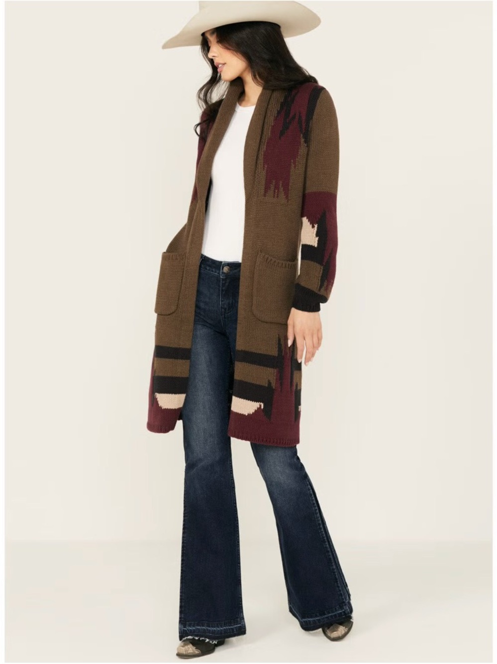 Shyanne Brown and Burgundy Southwestern Patterned Open-Front Cardigan